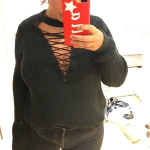 F21 || dark green lace up sweater||